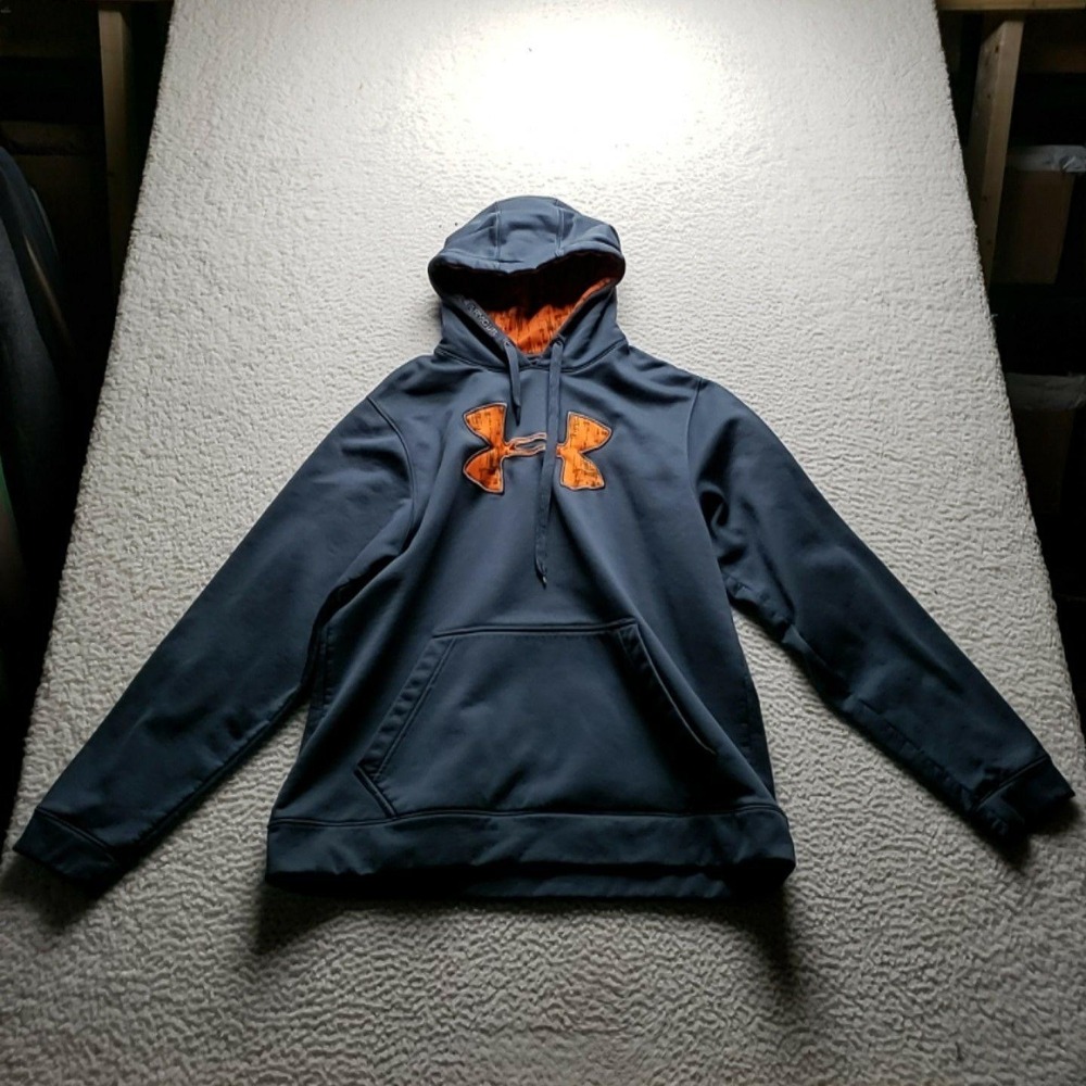 Under Armour Hoodie Mens XL Blue Orange Fleece Pullover Logo Kangaroo Pocket